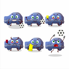 Blue car gummy candy cartoon character working as a Football referee