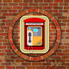 Red vintage payphone against the background of a round niche in a brick wall. Vector illustration