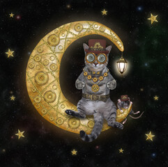 A gray cat sits on the steampunk moon with a vintage street lamp on th star night sky.