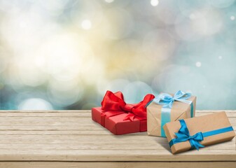 Beautiful gift boxes on wooden table. Christmas or Hanukkah celebration concept.