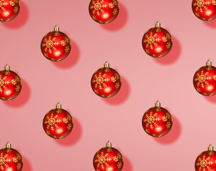 Colored shiny Christmas baubles on a pastel background. Christmas decorations.