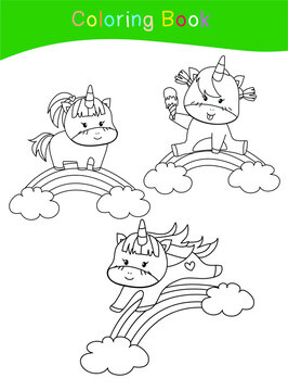 Unicorn coloring worksheet page. Coloring worksheet for preschool. Isolated outline for coloring book. Black and white image for coloring. Vector illustration.