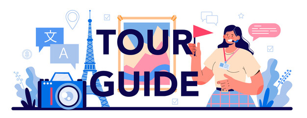 Tour guide typographic header. Tourists listening to the history of the city