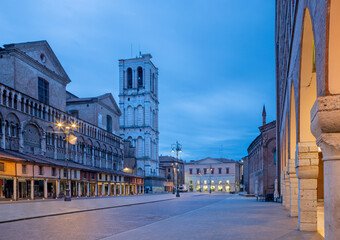 Fototapeta na wymiar Ferrara - The central square of the old city - Piazza Trento Trieste at dusk.