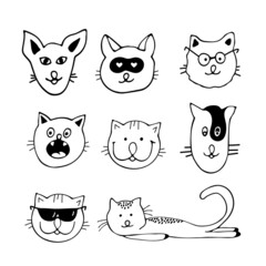 Draw black and white vector illustration character collection cute cats. Doodle cartoon style. Set characters.