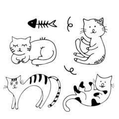 Draw black and white vector illustration character collection cute cats. Doodle cartoon style. Set characters.