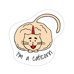 Cute cartoon cat full of love and purr, meow! Sticker with phrase. Smiling adorable character. Vector Illustration