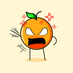 cute orange character with angry expression. suitable for emoticon, logo, mascot. one hand raised, eyes bulging and mouth wide open