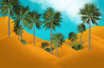 3D image of beautiful palm in oasis in desert with blue sky background