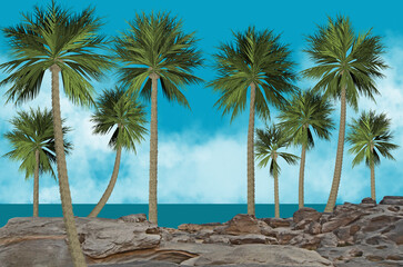 3D image of beautiful palm on the cliff near the sea