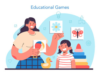 Kindergartener. Professional nany and children playing toys and educational