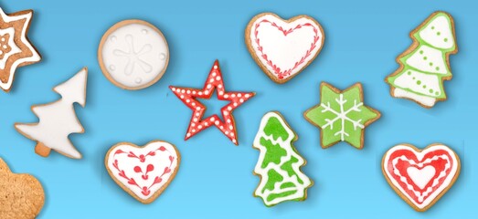 Christmas cookie pattern. Winter holidays dessert ornament. Gingerbread biscuit collection creative arrangement