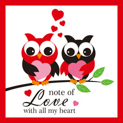 couple of owls with a heart for valentine or wedding card
