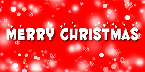 Merry Christmas text on red background. White Christmas text on red backdrop. White snow flakes and light bokeh.