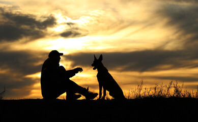 Silhouettes of a man with a guitar and malinois dogs on a sunset background