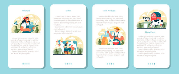Dairy farm mobile application banner set. Milkmaid milking a cow.