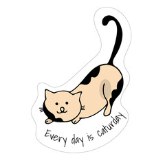Cute cartoon cat full of love and purr, meow! Sticker with phrase. Smiling adorable character. Vector Illustration