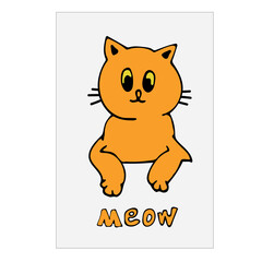 Cute cartoon cat full of love and purr, meow! Card, postcard. Smiling adorable character. Vector Illustration of cartoon cat isolated on square background.