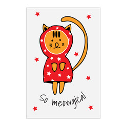 Cute cartoon cat full of love and purr, meow! Card, postcard. Smiling adorable character. Vector Illustration of  cartoon cat isolated on  square background.