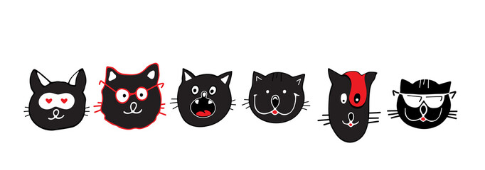 Draw vector illustration character collection cute black cats. Doodle cartoon style. Set characters.
Cats heads emoticons vector.