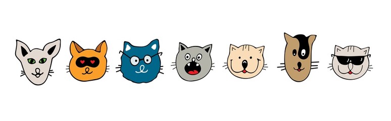 Untitled-1Draw vector illustration character collection cute cats. Doodle cartoon style. Set characters.
Cats heads emoticons vector.
