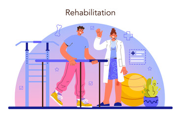 Physiotherapy concept set. Doctor helping patients during physio