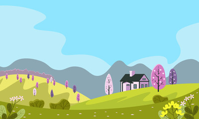 Beautiful spring landscape with hills, a house, trees and flowers. Color vector illustration, flat style.