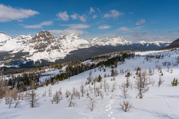 Fototapeta na wymiar Pharaoh peaks and Egypt lake area covered in snow, Banff, Canada