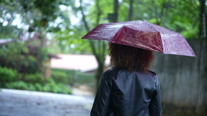 Back of person walking in the rain holding umbrella to cover