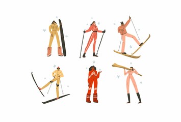 Fototapeta na wymiar Hand drawn vector abstract flat stock modern graphic Merry Christmas illustrations collection set with cartoon character design,of young people in winter skier costume outdoor.Winter sport concept