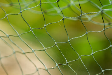 The net is made of white-green plastic, it's been used, the background of the green leaves is blurry