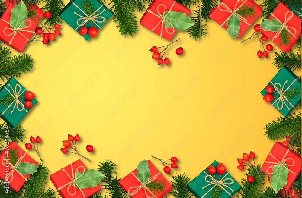 Poster Christmas frame with gift boxes, paper decorations, jingle bells and spruce branches