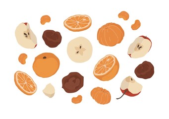 A set of fruits and nuts. Ingredients for cooking. Oranges, apples. nuts. Walnut.