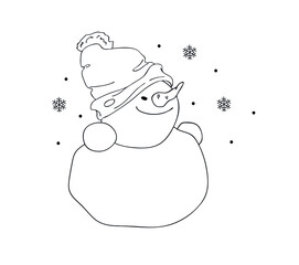 Snowman, snow, snowflakes. Active winter holidays.