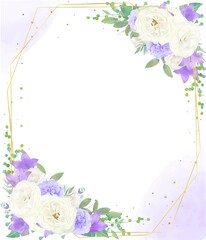 美しい白いバラの花と紫色の花の招待状縦ゴールドフレームベクターイラスト素材
