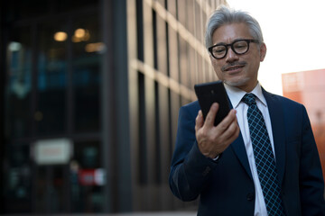  Senior businessman outdoors. Middle-aged businessman using the phone