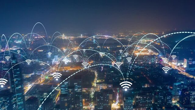 smart Connected city skyline. Futuristic network concept, city Technology.