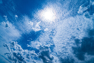 Beautiful sky with white cumulus clouds in the wind