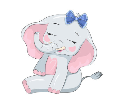 Vector Hand-drawn Illustration Of A Cute Pink Baby Elephant.