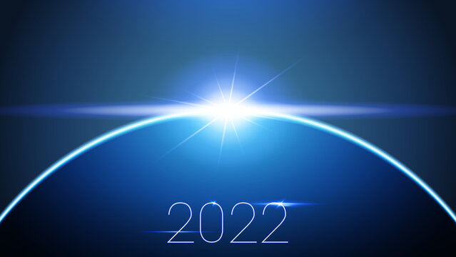Realistic hi tech 2022 sign with flares. 2022 futuristic vector. New Year 2022 shining solar flare design with space background. Perfect for template event celebration, banner, decoration, invitation.