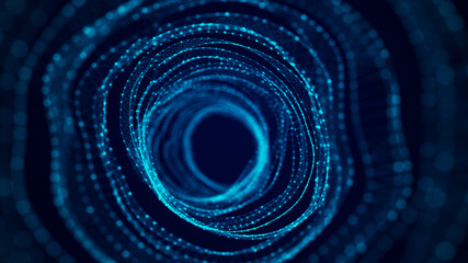 Abstract dynamic wireframe tunnel on blue background. Deep wavy wormhole. Futuristic particle flow. 3d rendering.