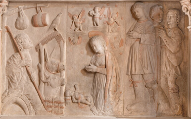 FORLÍ, ITALY - NOVEMBER 10, 2021: The relief of Nativity on the ranaissance tomb stone of Luffo...
