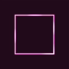 Neon purple square frame or neon lights sign. Vector abstract background, tunnel, portal. Geometric glow outline shape or laser glowing border. Copy space for your text.