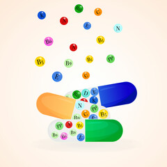 nutritional supplements and medical capsules with a complex of vitamins of different colors on a light background. Vector illustration in a flat style of the concept of healthcare and pharmaceuticals