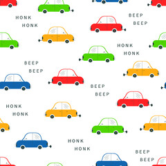 Cartoon toy cars seamless pattern. Cute children's background with toy transport. Vector background for baby with colorful car.