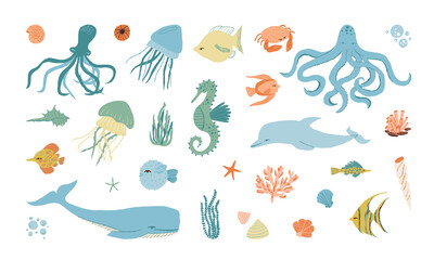 Underwater creatures, sea, ocean inhabitants set. Dolphin, whale, octopus, seahorse, fishes, jelly fishes, crab, shells.