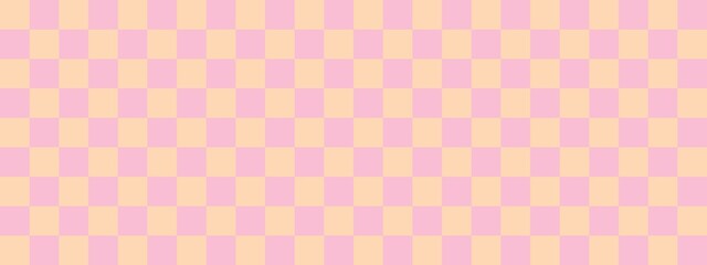 Checkerboard banner. Pink and Apricot colors of checkerboard. Small squares, small cells. Chessboard, checkerboard texture. Squares pattern. Background.