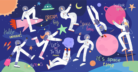 Set of funny astronauts traveling in space.