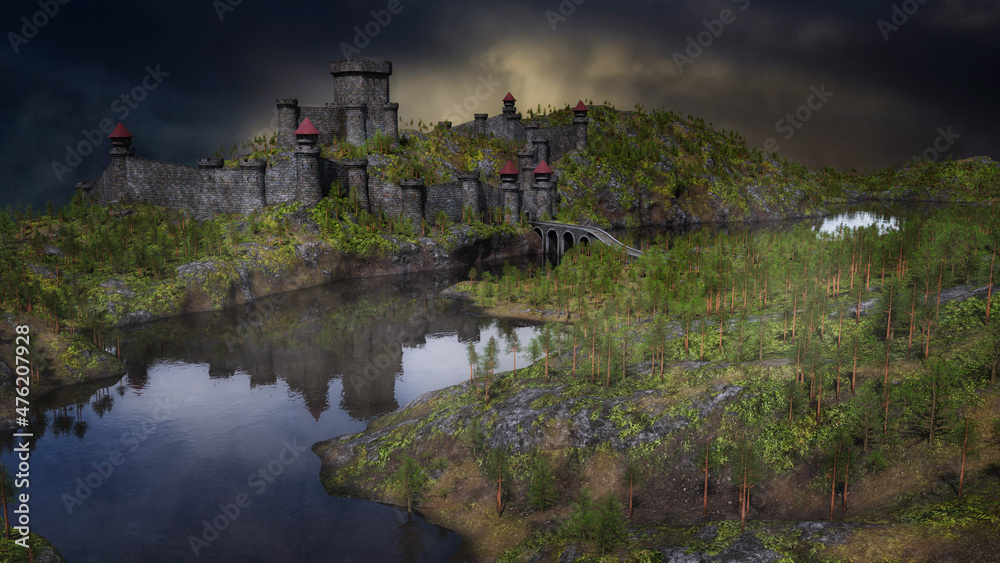 Poster Wide landscape scene with a medieval castle on a hill by a river. 3D rendering.