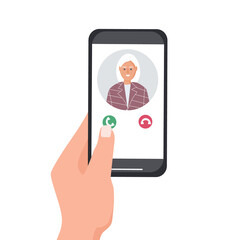 A hand holds a smartphone with an incoming call. Portrait of a person from contacts on the phone screen. Mobile applications and Internet technology. Vector flat illustration